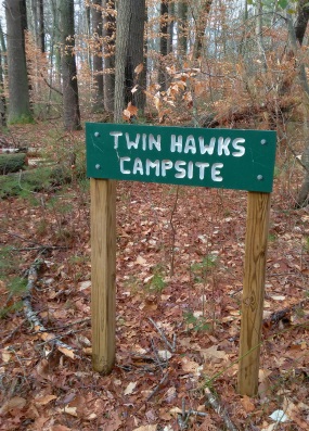 Twin Hawks Campsite sign.