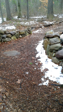 low rock wall heralds the end entrance to Jim's trail in Rockland town forest